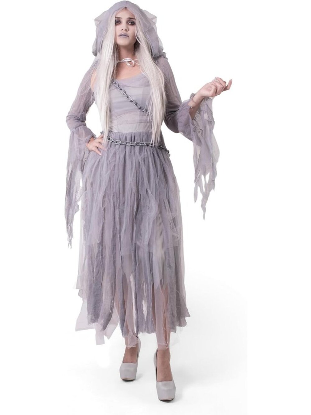 Women's Grey Comfortable Ghost Cape Dress Halloween Haunting Beauty Cosplay - Picture 7 of 7